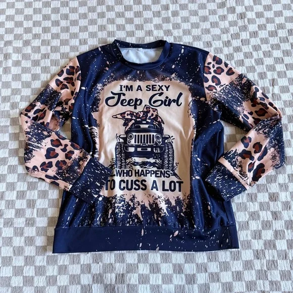 Leopard Print Jeep Girl Graphic Sweatshirt | Oversized Large | Novelty Pullover - Picture 2 of 3